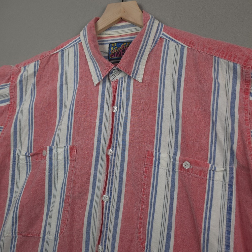 Vintage 90s Blazer Striped Short Sleeve Button Up Shirt Men 1X XL Pink Blue Rave - Picture 4 of 11